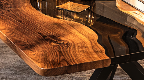 Tavolino da Salotto Boston in Noce Massello e Resina Fumè Profonda Lucida