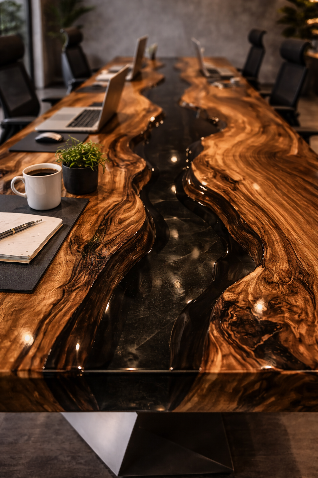 Tavolo Riunione Clarity in Noce Massello e Resina Nera