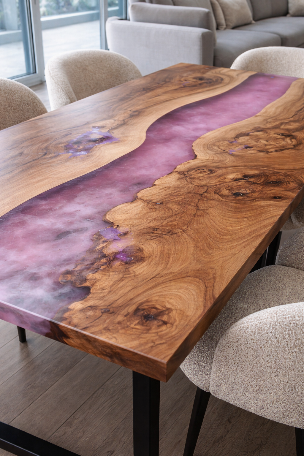 Tavolo da Pranzo Pink River in Ulivo Massello e Resina Rosa Quarzo Semiopaca