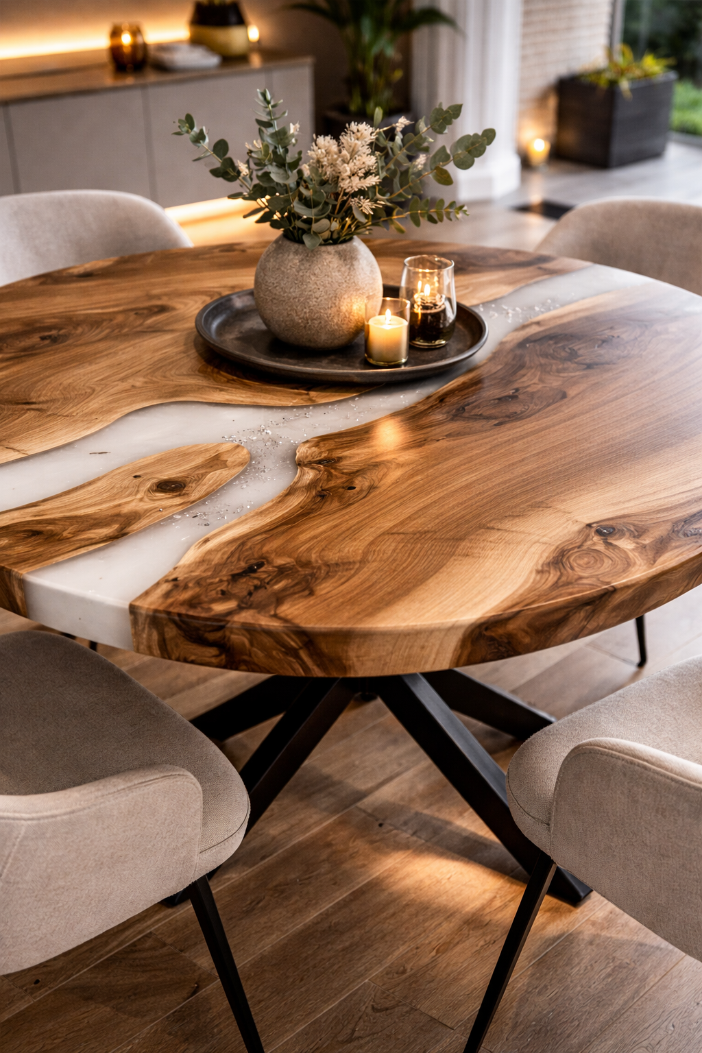 Tavolo da Pranzo in Legno di Ulivo Massello con Resina Bianca Opaca