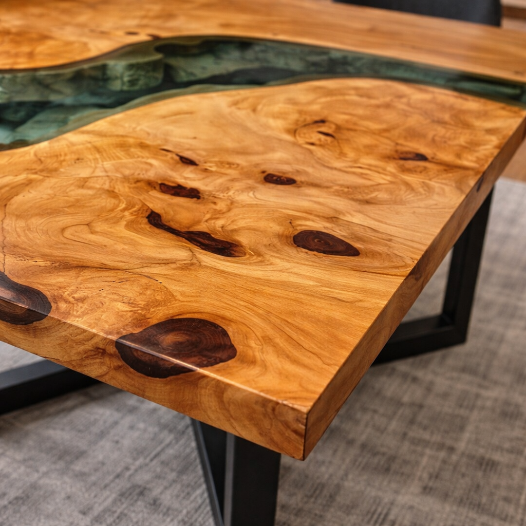 Tavolo da Pranzo Square in Rovere Massello e Resina Verde Epossidica Brillante
