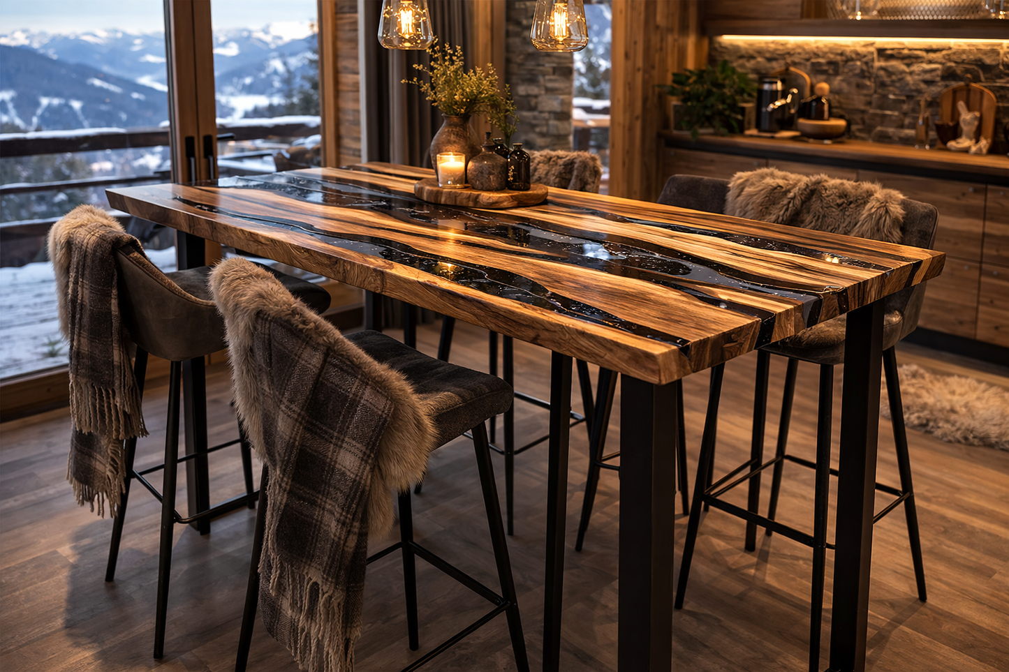 Tavolo da Pranzo Mountain in Rovere Massello e Resina Nera Fumè