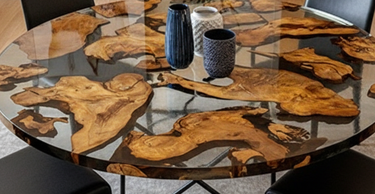 Tavolo da Pranzo Rotondo Genesis in Rovere Massello e Resina Trasparente