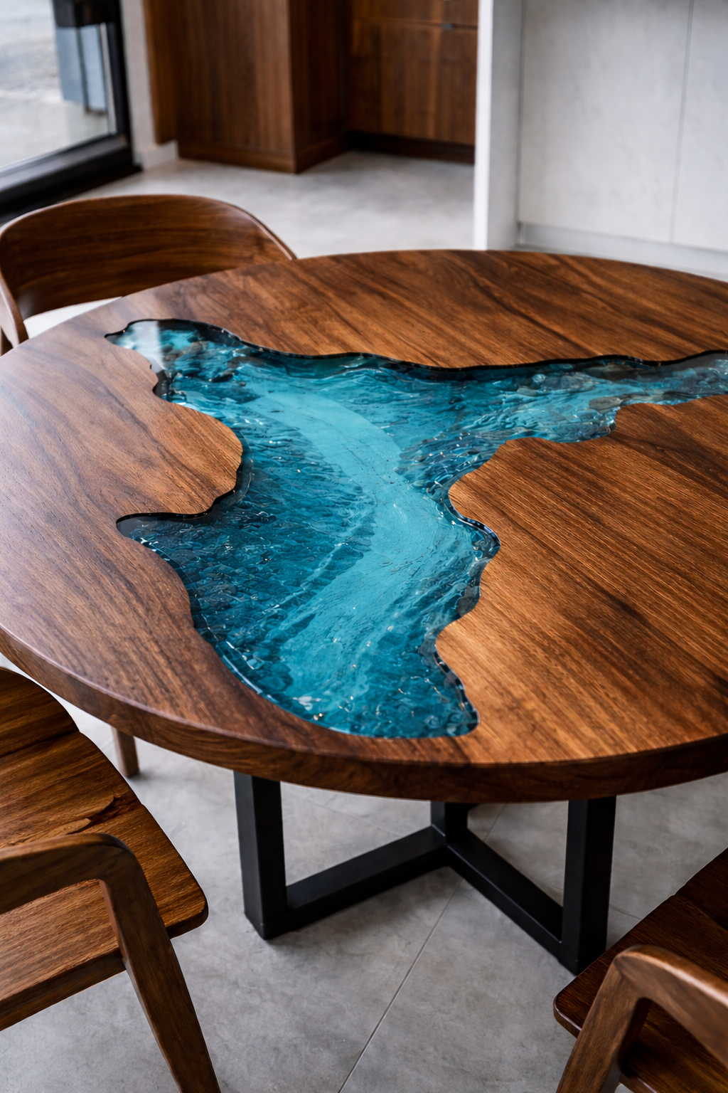 Tavolo da Pranzo Emerald in Rovere Massello e Resina Blu Mare Satinata