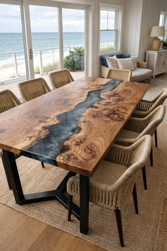 Tavolo da pranzo Coraline in Castagno Massello e Resina Fumè Semitrasparente