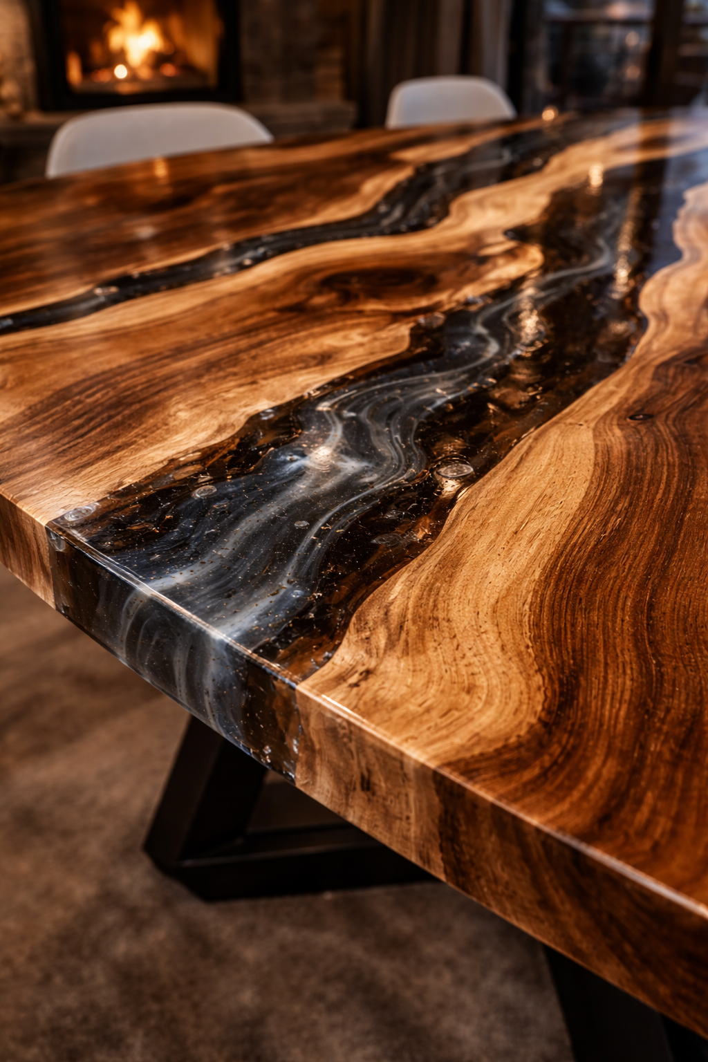 Tavolo da Pranzo Mountain in Rovere Massello e Resina Nera Fumè