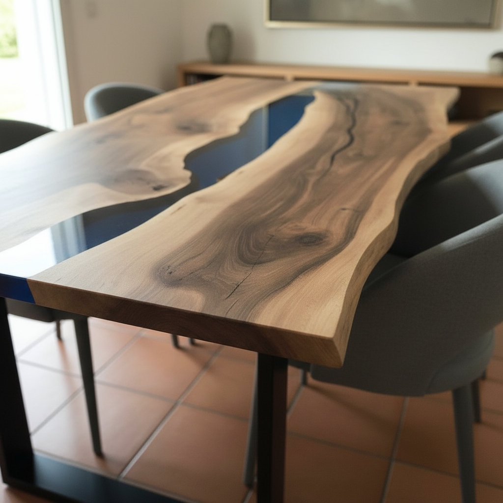 Tavolo da Pranzo Uluwatu in noce e Resina Blu Trasparente