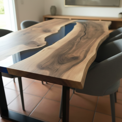 Tavolo da Pranzo Uluwatu in noce e Resina Blu Trasparente