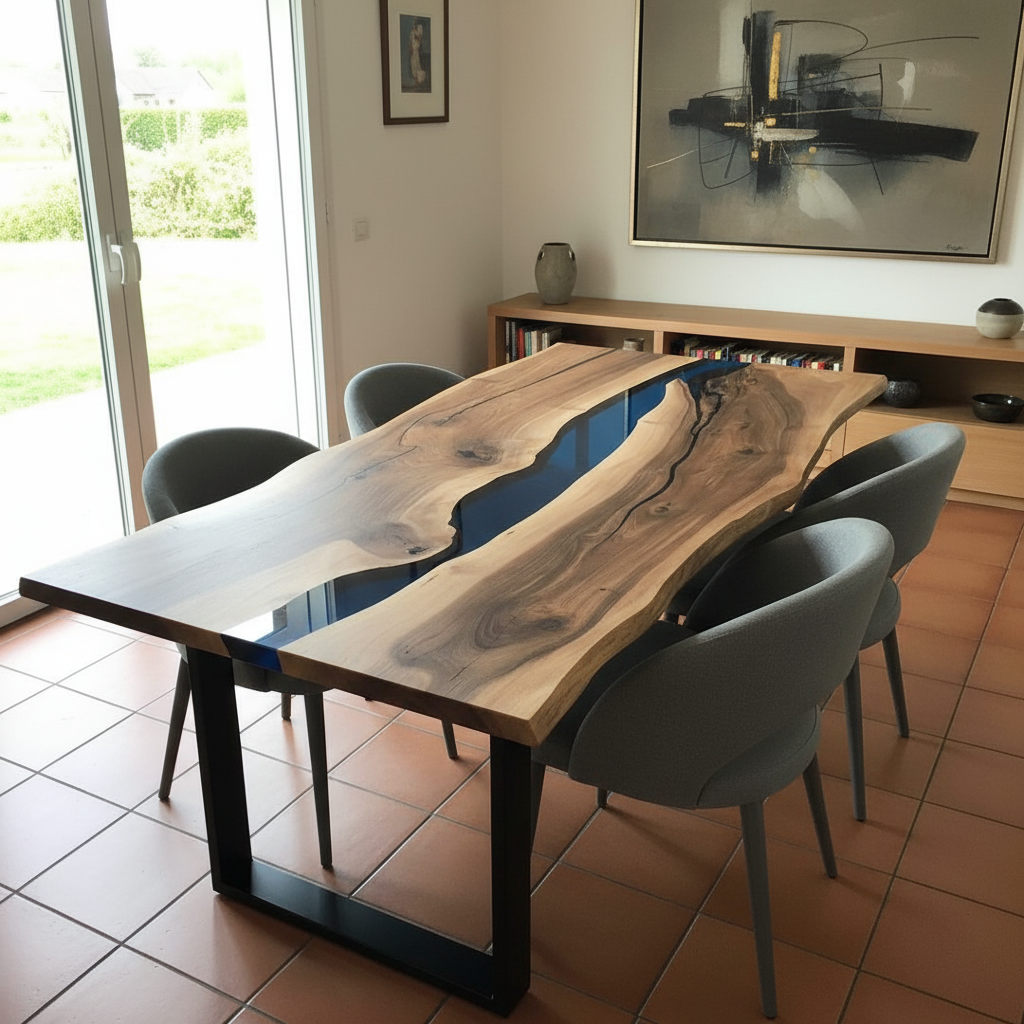 Tavolo da Pranzo Uluwatu in noce e Resina Blu Trasparente