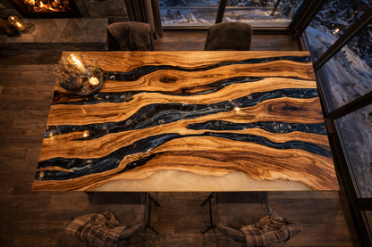 Tavolo da Pranzo Mountain in Rovere Massello e Resina Nera Fumè