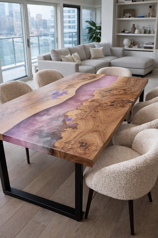 Tavolo da Pranzo Pink River in Ulivo Massello e Resina Rosa Quarzo Semiopaca