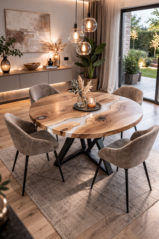 Tavolo da Pranzo in Legno di Ulivo Massello con Resina Bianca Opaca