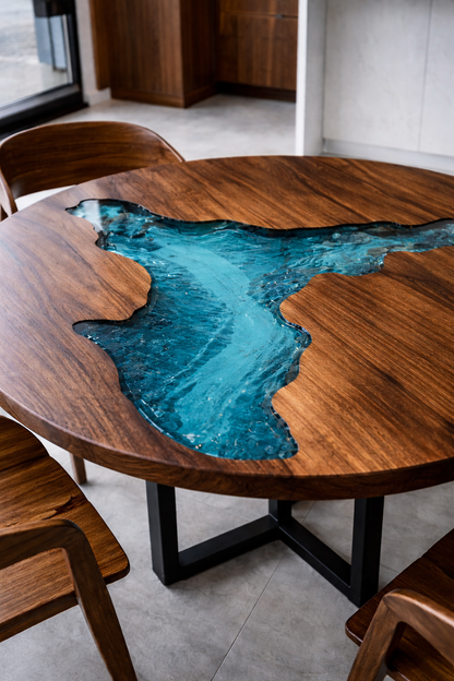 Tavolo da Pranzo Emerald in Rovere Massello e Resina Blu Mare Satinata