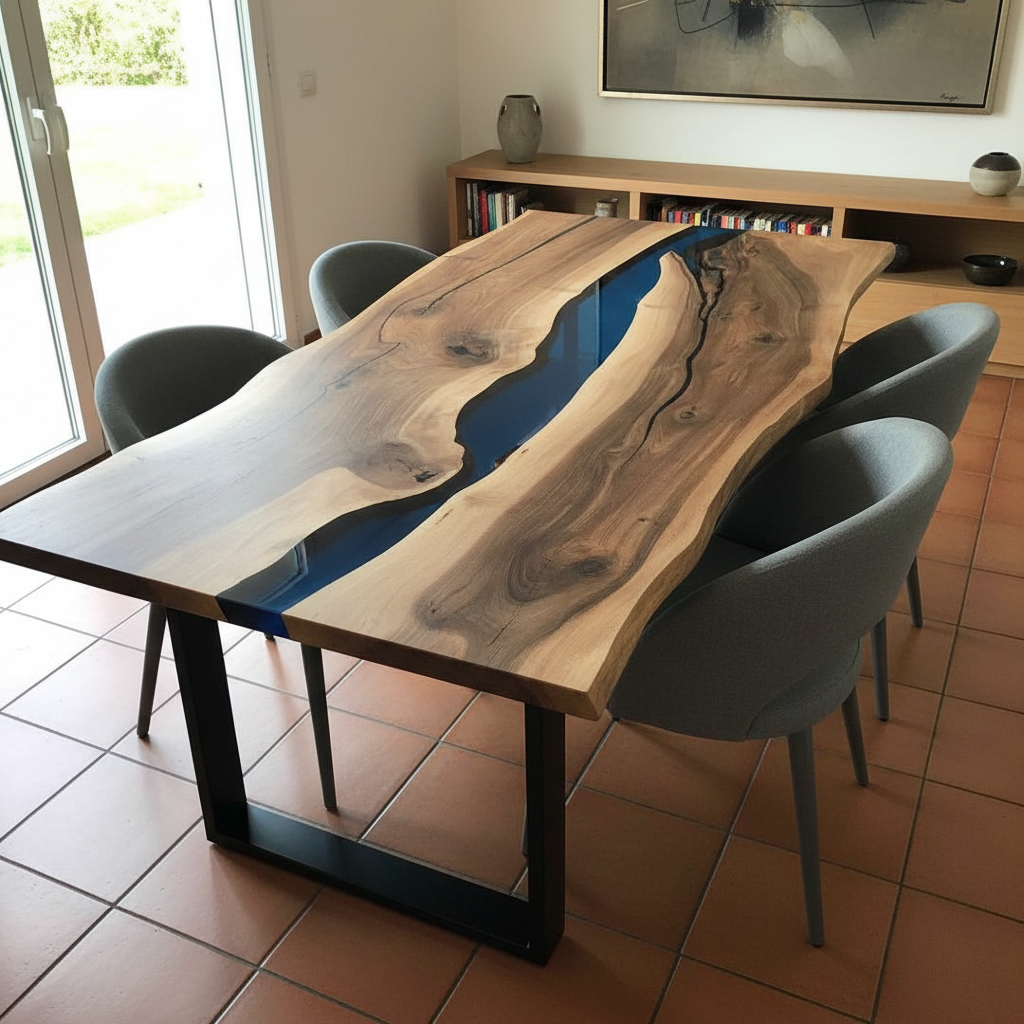 Tavolo da Pranzo Uluwatu in noce e Resina Blu Trasparente