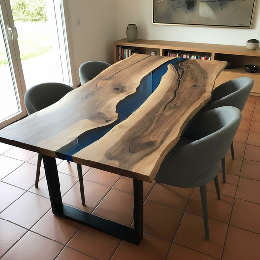 Tavolo da Pranzo Uluwatu in noce e Resina Blu Trasparente