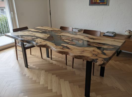 Tavolo da Pranzo Velar in Ulivo e Resina Nera Trasparent